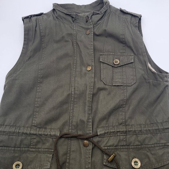 C'ESTTOI Vest Women S Green Fuzzy Lining Cinch Drawstring Waist Zip Snaps Milita - Picture 11 of 11